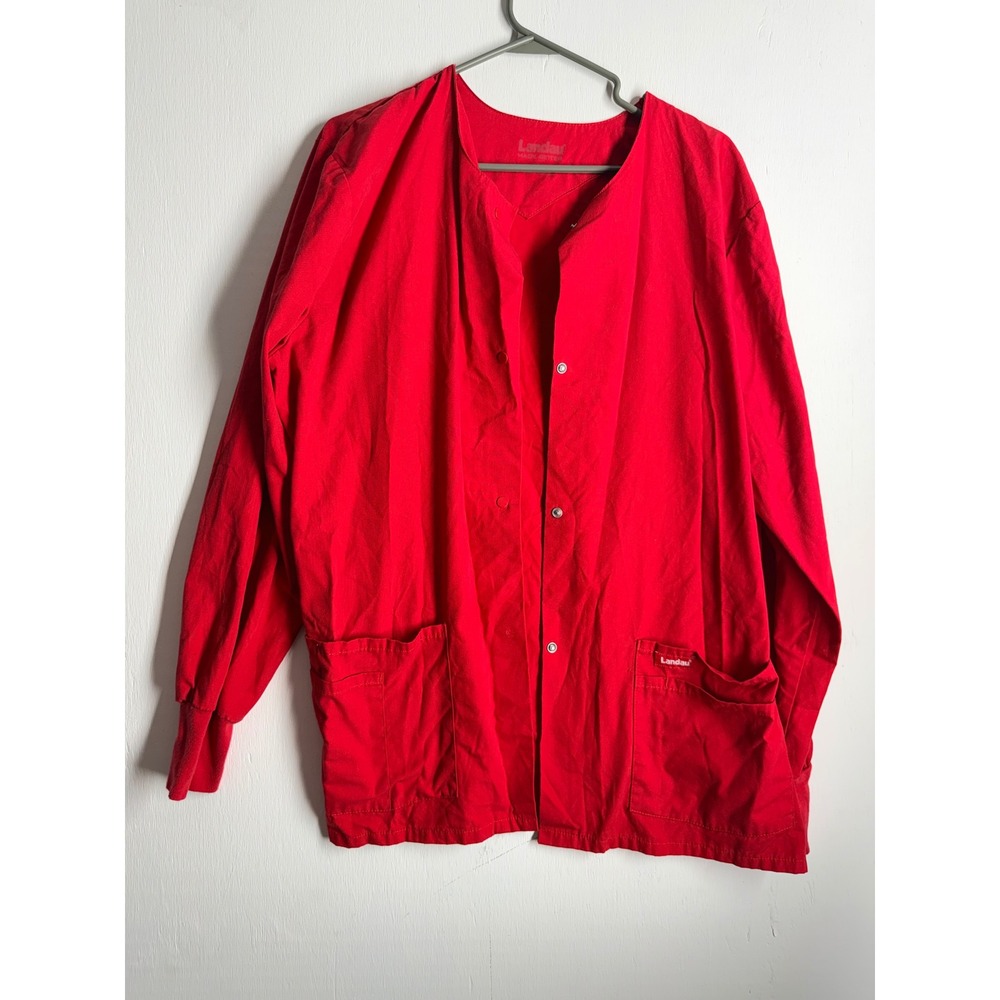 Landau Red Scrub Jacket XLG Long Sleeve Snap Front Warm Up Medical Uniform XL